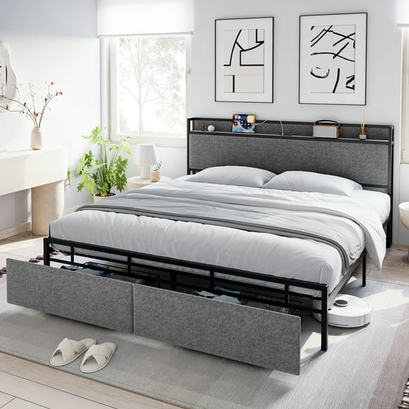 FOLDLIFE King Bed Frame with Drawers, Platform Bed Frame with Storage & Headboard, No Box Spring Needed, Easy Assembly, Noise Free, Gray