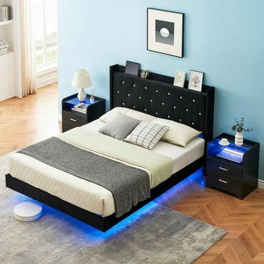 FOLDLIFE Modern Full Size Floating Bed Frame with Platform Headboard, LED Light,Upholstered Platform Bed Frame,Wood Slats Support, No Box Spring Needed, Black