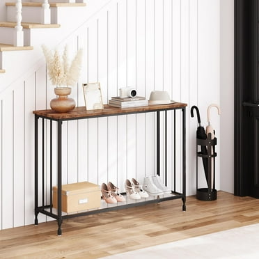 FOLDLIFE Narrow Console Table with Glass Shelf and Metal Frame, Industrial Entryway Table Hallway Table with Storage Shelves, Sofa Table for Living Room, Foyer, Brown