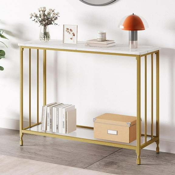 FOLDLIFE Narrow Console Table with Storage Shelf, Industrial Entryway Table Hallway Table with Storage Shelves, Sofa Table for Living Room, Foyer,Gold