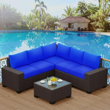 FOLDLIFE Outdoor Patio Furniture Sets,Rattan Furniture Set with Glass Table,Wicker Sectional Sofa Conversation Couch,for Lawn, Garden, Backyard, Blue