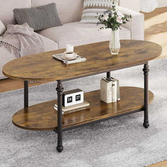 FOLDLIFE Oval Coffee Table with Storage, Low Storage Coffee Table,2 Tier Vintage Center Table for Living Room,Mid Century Coffee Table,Cocktail Table,Brown