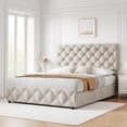 thumbnail image 1 of FOLDLIFE Queen Size Bed Frame with 4 Storage Drawers and Adjustable Upholstered Headboard, Platform Bed Frame with Diamond Stitched Button Tufted and Slat Support, No Box Springs Required, Off White, 1 of 8