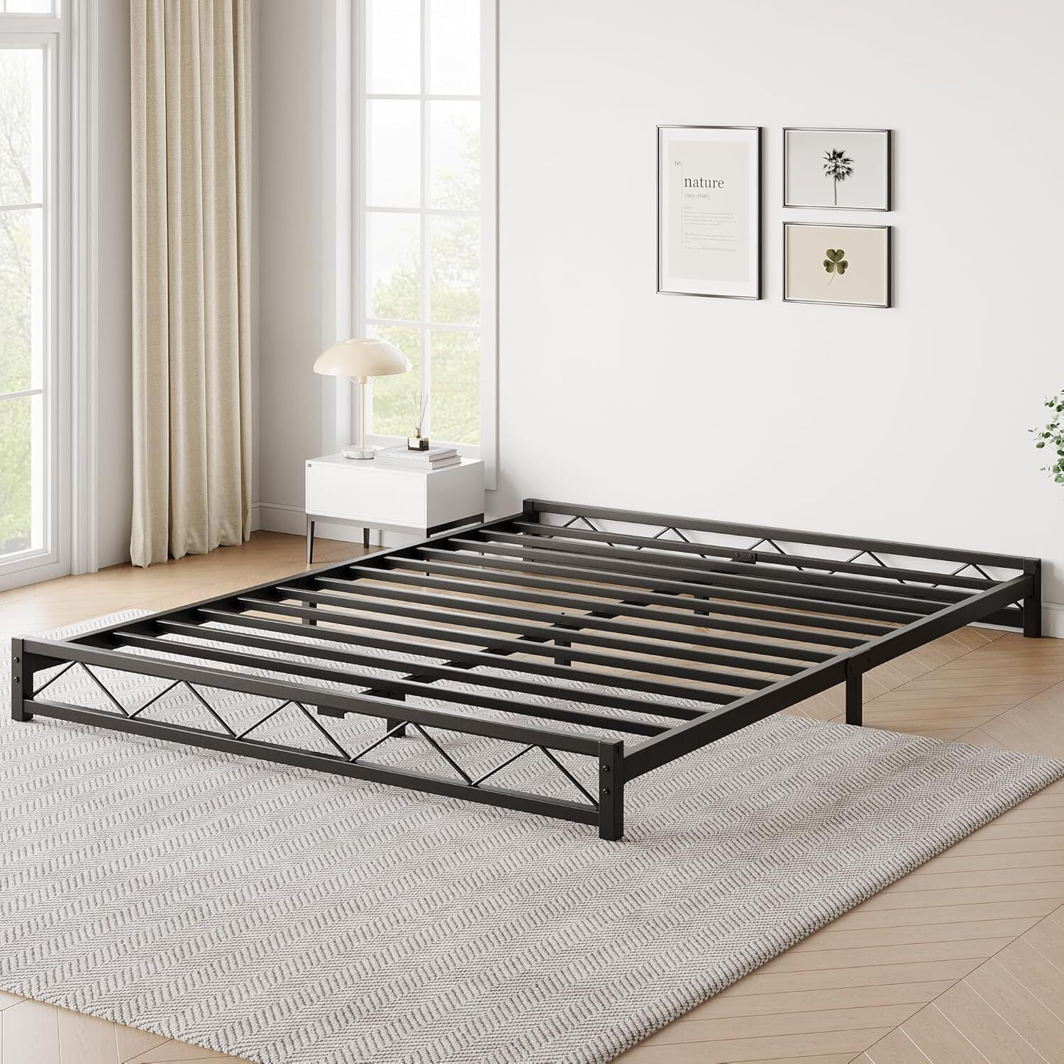 Black Metal Queen Platform Bed Frame with Slats