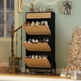 thumbnail image 1 of FOLDLIFE Rattan 3-Tier Slim Shoe Cabinet with 3 Flip Drawers and Metal Leg,Farmhouse Freestanding Rattan Shoe Storage Organizer, Narrow Shoe Rack, Hidden Wood Design,Black+Oak, 1 of 9
