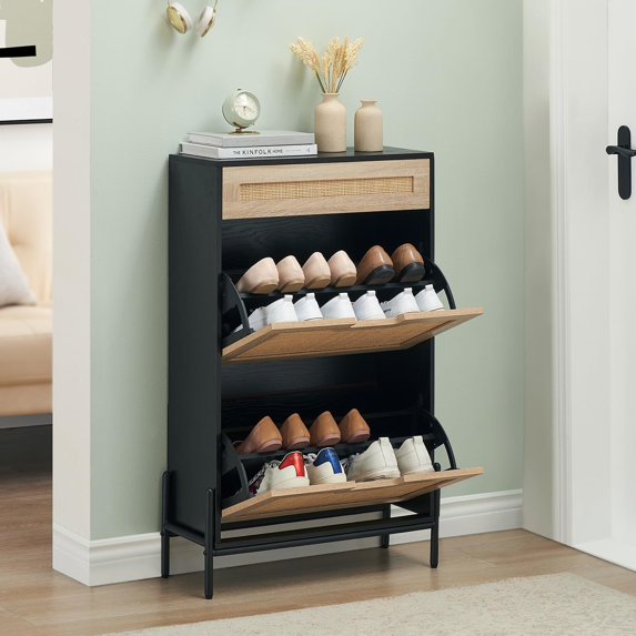 FOLDLIFE Rattan Shoe Cabinet with 2 Flip Doors and 1 Drawer – Free Standing Wooden Shoe Storage Organizer for Entryway, Hallway, and Living Room