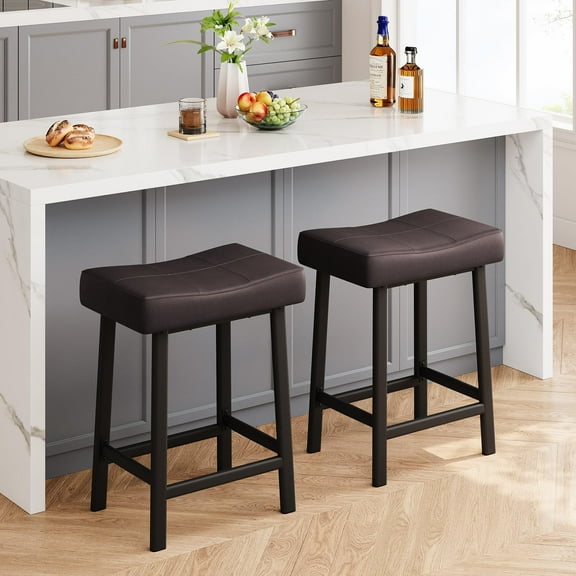 FOLDLIFE Set of 2 Modern 24" Counter Height Barstools, Upholstered Backless Saddle Stools with Curved Surface in PU Leather for Kitchen Counter or Home Bar, Brown