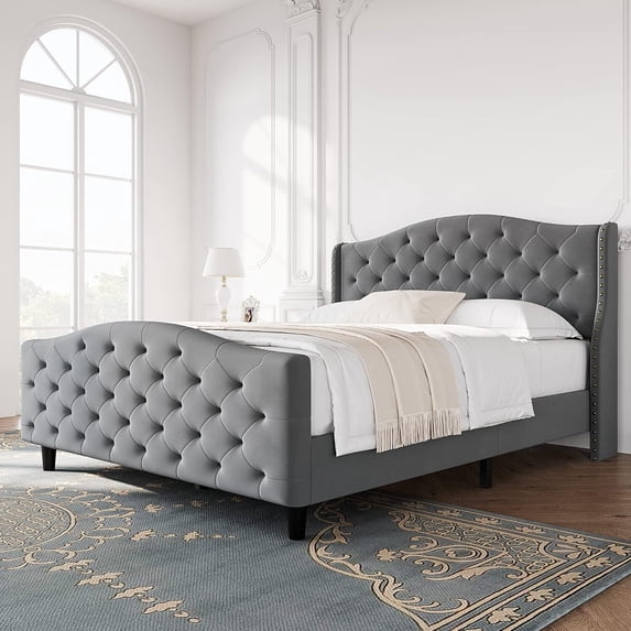 FOLDLIFE Tufted Upholstered Queen Platform Bed Frame with Headboard and Footboard, Raised Wing Back Headboard, Mattress Foundation and Wood Slat Support, Gray