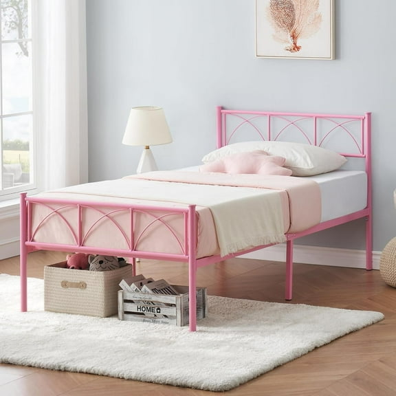 FOLDLIFE Twin Size Bed Frame, Metal Platform Bed Frame with Headboard and Footboard,Heavy Duty Metal Slat Support, No Box Springs Required, Easy to Assemble, Pink