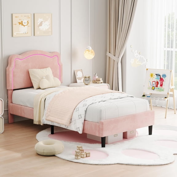 FOLDLIFE Twin Upholstered Smart LED Bed Frame with Adjustable Bear Headboard,Velvet Princess Platform Bed Frame,Wood Slats Support,No Box Spring Needed,Easy Assembly, Pink