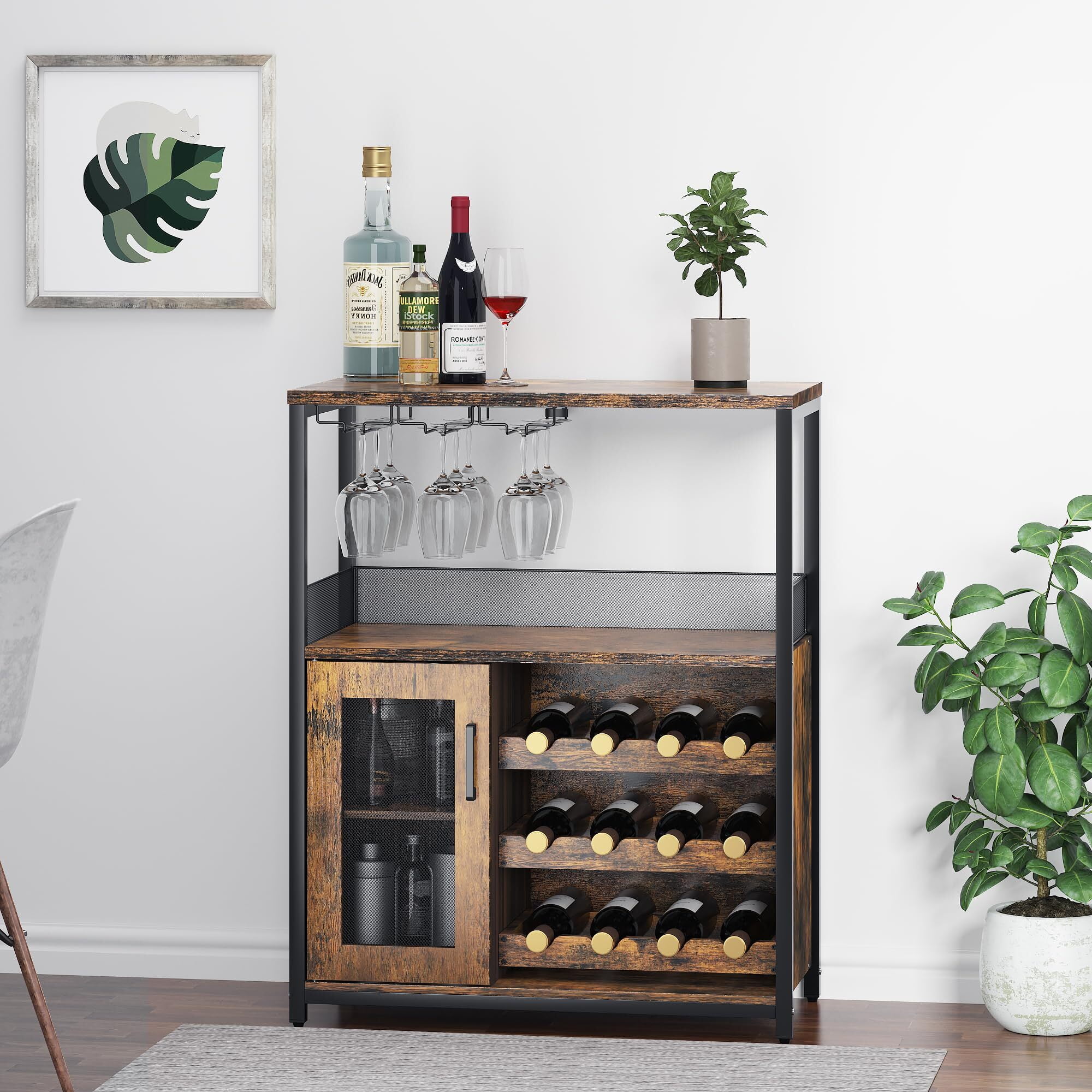Rustic Brown Iron and Wood Home Bar Cabinet with Glass Holder