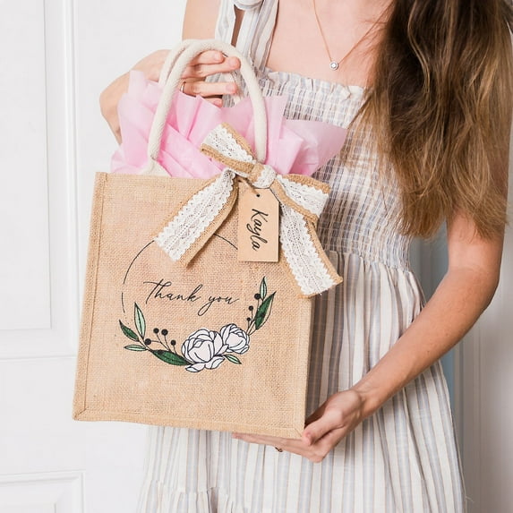 FOLIATE Jute Burlap Gift Bags - 10 Pack Burlap Tote Bag with Name Tag & Ribbon - Reusable Small Thank You Bags with Handles for Bridesmaid Totes, Shopping, DIY Wedding Tote Bags Bulk, 10.5"x9.5"x5"