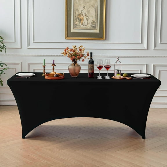 FOLINS&HOME Black 6FT Fitted Spandex Tablecloth, Waterproof Wrinkle Free Washable Elastic Table Cover for 6 Foot Rectangle Folding Tables, Stretch Rectangular Table Cloth for Wedding, Banquet, Party