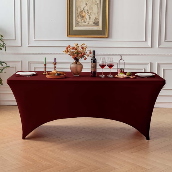 FOLINS&HOME Burgundy 5FT Fitted Spandex Tablecloth, Waterproof Wrinkle Free Washable Elastic Rectangular Table Cover for Wedding, Banquet, Party