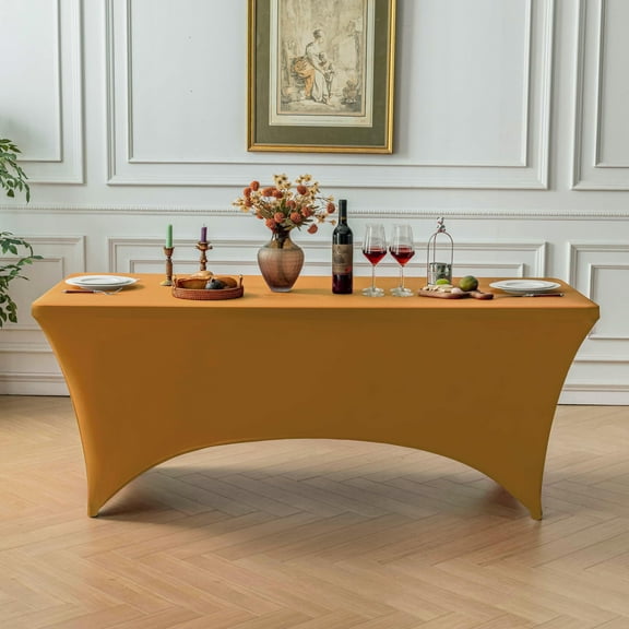 FOLINS&HOME Gold 6FT Fitted Spandex Tablecloth, Waterproof Wrinkle Free Washable Elastic Rectangular Table Cover for Wedding, Banquet, Party