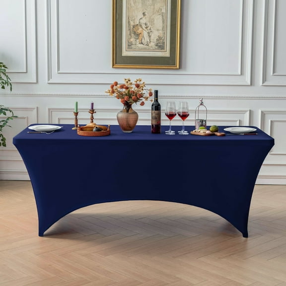 FOLINS&HOME Navy Blue 6FT Fitted Spandex Tablecloth, Waterproof Wrinkle Free Washable Elastic Table Cover for 6 Foot Rectangle Tables, Stretch Rectangular Table Cloth for Wedding, Banquet, Party
