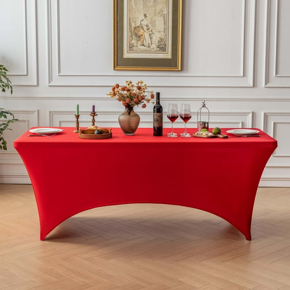 FOLINS&HOME Red 8FT Fitted Spandex Tablecloth, Waterproof Wrinkle Free Washable Elastic Table Cover for 8 Foot Rectangle Folding Tables, Stretch Rectangular Table Cloth for Wedding, Banquet, Party