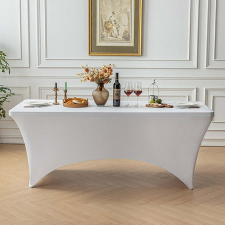 FOLINS&HOME White 4FT Fitted Spandex Tablecloth, Waterproof Wrinkle Free Washable Elastic Table Cover for 4 Foot Rectangle Folding Tables, Stretch Rectangular Table Cloth for Wedding, Banquet, Party
