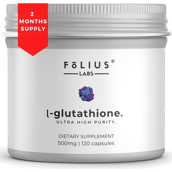 Folius Labs Ultra High Strength L-Glutathione 98% Supplement - Collagen Supplements for Women and Men - 500mg Concentrated Formula, Reduced Glutathione Supplement - 120 Capsules