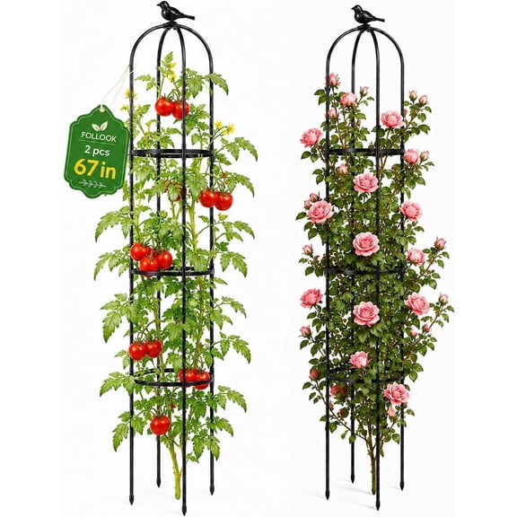 FOLLOOK Garden Obelisk Trellis for Climbing Plants Outdoor, 67 Inch Lightweight Round Plant Support Roses Clematis Cucumber Vines Raised Bed Planter, Black, 2 Pack