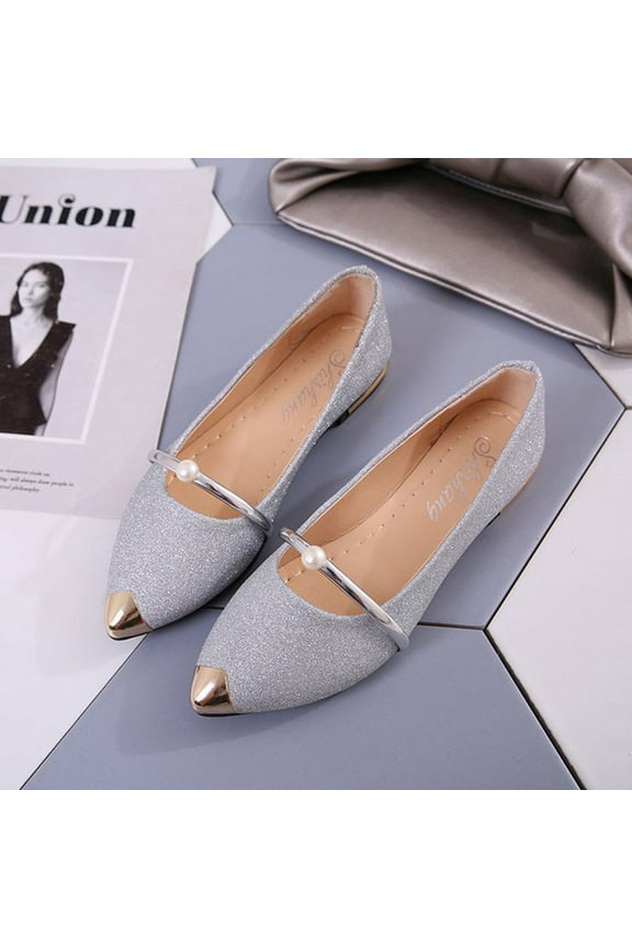 1 Pair Elegant Ladies Flat Shoes Silver Rubber Non Slip Easy On Off Work Dating Shopping Wedding Party 9.6In