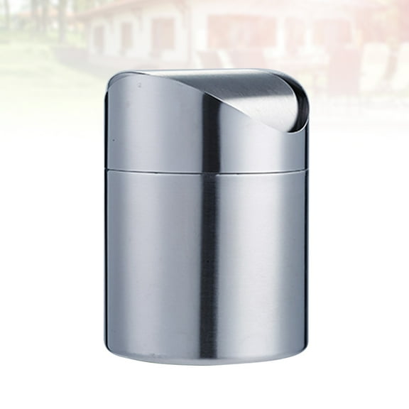 FOLOYORI 1Pack Small Trash Can for Office with Swivel Cover and Lid in Silver 12x12x17 cm Stainless Steel