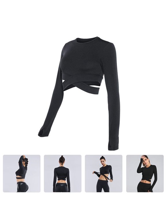 Yoga Tops Long Sleeve Black Breathable Quick Dry Workout Clothes 1Pc