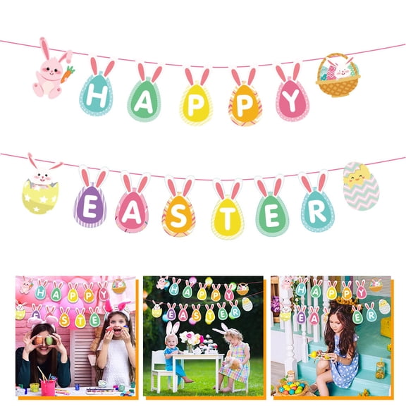 FOLOYORI Easter Bunny Eggs Pattern Streamer Banner Paper Decoration Set for Spring Holiday Party