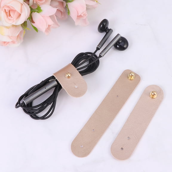 FOLOYORI 3Pcs Cable Keeper Wire Organizer Earphone Cord Management Pu Leather Metal Snap Golden Khaki 11.8x0.8x0.08in
