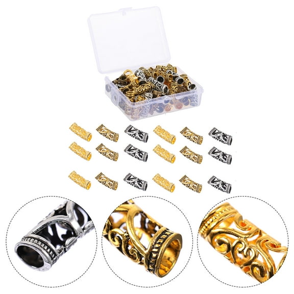 FOLOYORI 48Pcs Metal Hair Accessories Dreadlocks Rings Circular for Braiding Supplies Silver Golden 11.8X3.1X3.1in
