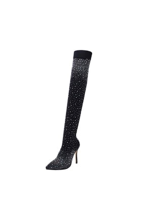 Black Long Boot with Rhinestone Decoration Breathable Non Slip Over The Knee Style