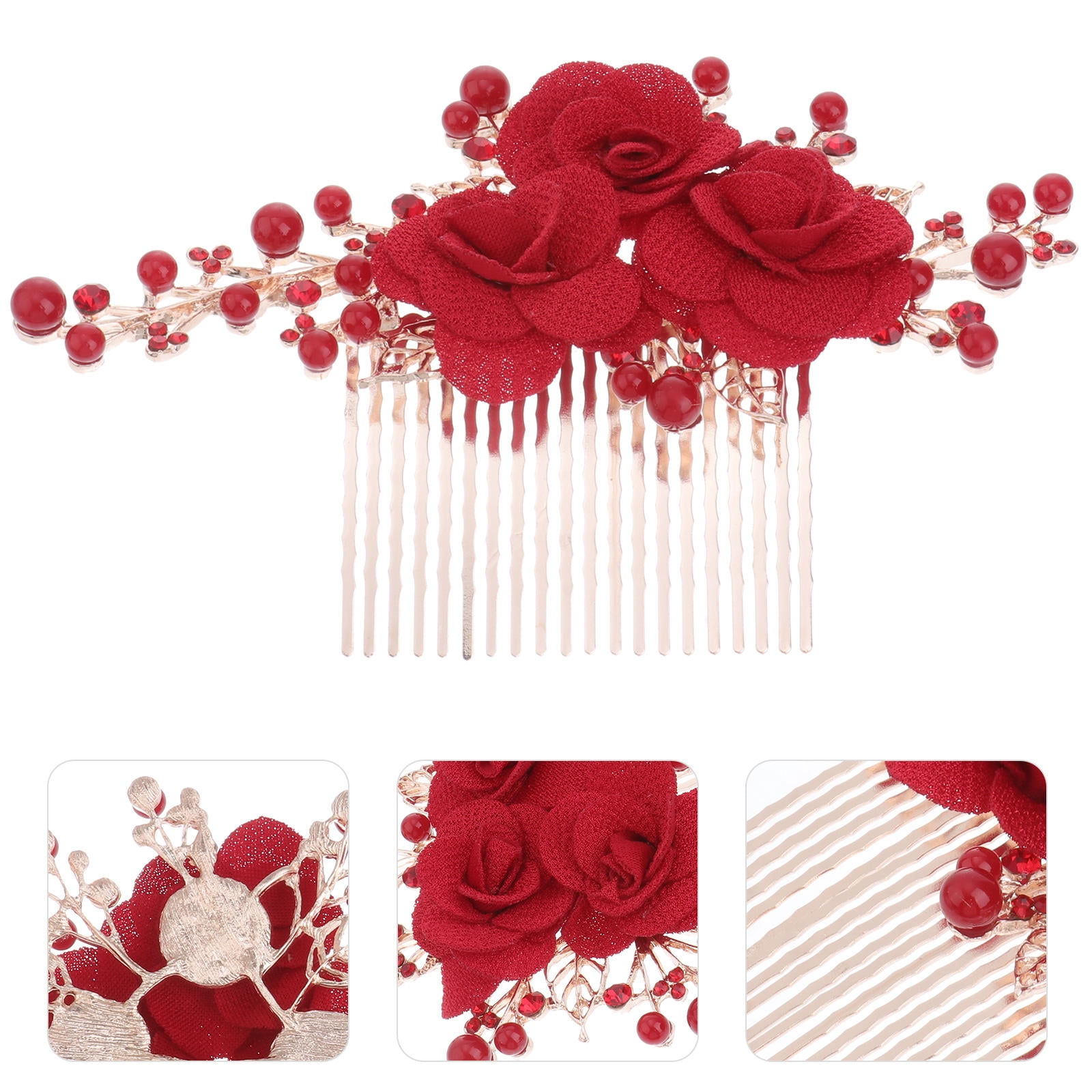 FOLOYORI Bridal Accessories Red Flower Hair Comb with Pearl 