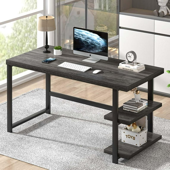 FOLUBAN 47 Inch Computer Desk with Storage Shelves, Modern Home Office Desk, Small Study Writing Desk Gaming Table Workstation for Bedroom Living Room, Industrial Dark Gray