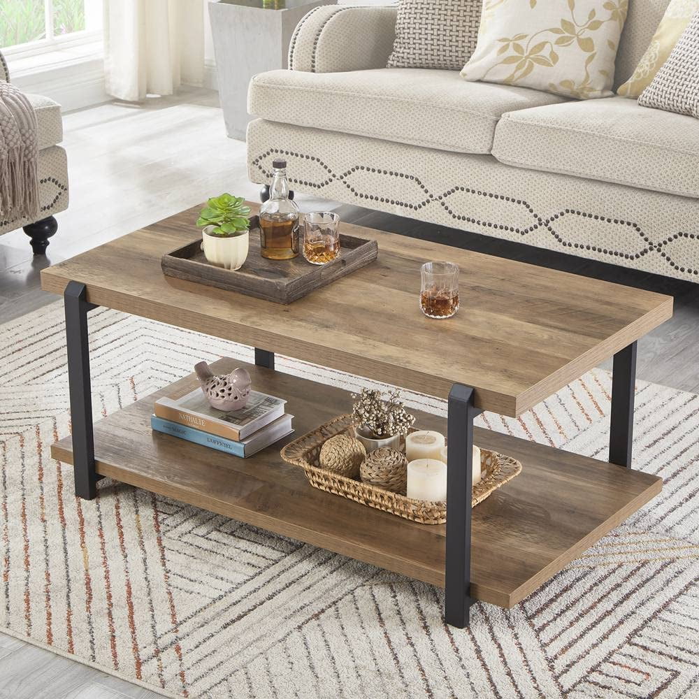 FOLUBAN Industrial Coffee Table with Shelf Wood and Metal Rustic ...