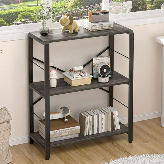FOLUBAN Small Bookshelf, 3 Tier Low Short Book Shelf, Metal and Wood Bookcase for Small Spaces, Bedroom Living Room, Dark Gray
