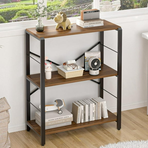 FOLUBAN Small Bookshelf, 3 Tier Rustic Book Shelf with Storage, Industrial Low Short Bookcases for Office, Bedroom and Living Room, Rustic Walnut