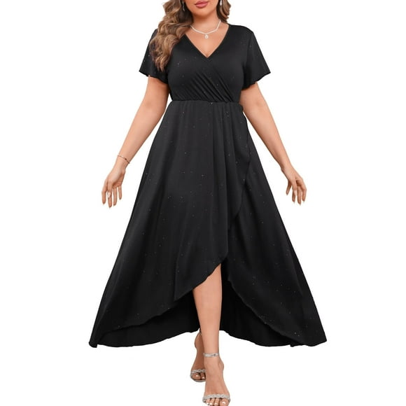 Plus Size Formal Dresses Glitter V Neck Split Wedding Cocktail Long Evening Dress Ink Dyed Black XL