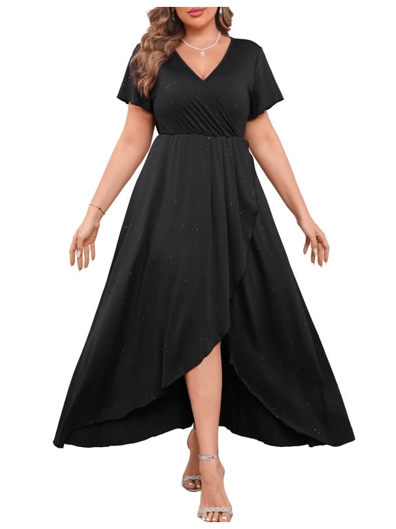 Plus Size Formal Dresses Glitter V Neck Split Wedding Cocktail Long Evening Dress Ink Dyed Black 2XL