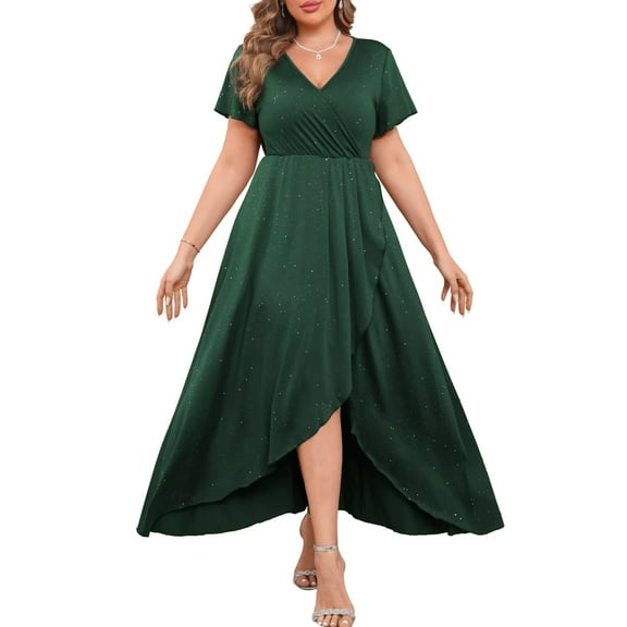 FOLUNSI Plus Size Formal Dresses Glitter V Neck Split Wedding Cocktail Long Evening Dress Turquoise 3XL