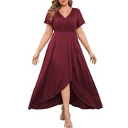 FOLUNSI Plus Size Formal Dresses Glitter V Neck Split Wedding Cocktail Long Evening Dress Ruby Red 2XL