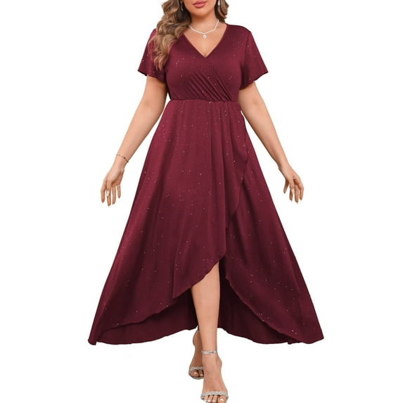 FOLUNSI Plus Size Formal Dresses Glitter V Neck Split Wedding Cocktail Long Evening Dress Ruby Red 2XL