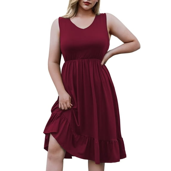 FOLUNSI Plus Size Summer Dress for Women Casual Sleeveless V neck Ruffled Swing Dresses with Pockets M-4XL