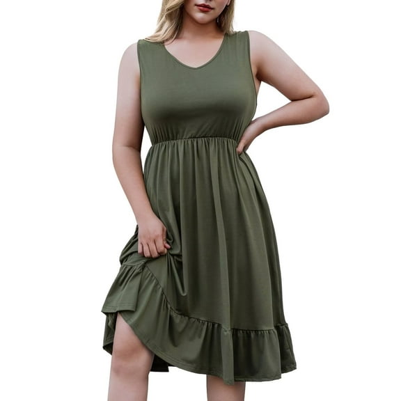 FOLUNSI Plus Size Summer Dress for Women Casual Sleeveless V neck Ruffled Swing Dresses with Pockets M-4XL