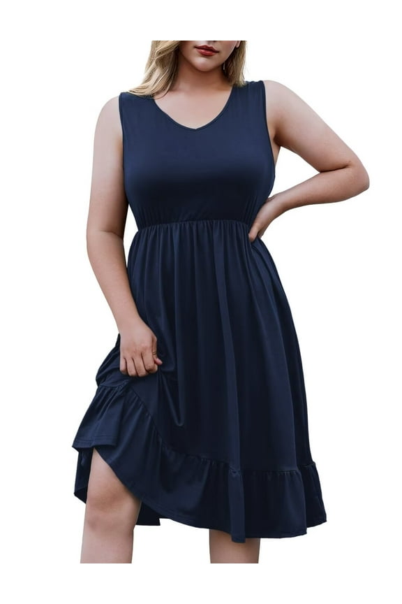 Plus Size Summer Dress for Women Casual Sleeveless V neck Ruffled Swing Dresses with Pockets M-4XL