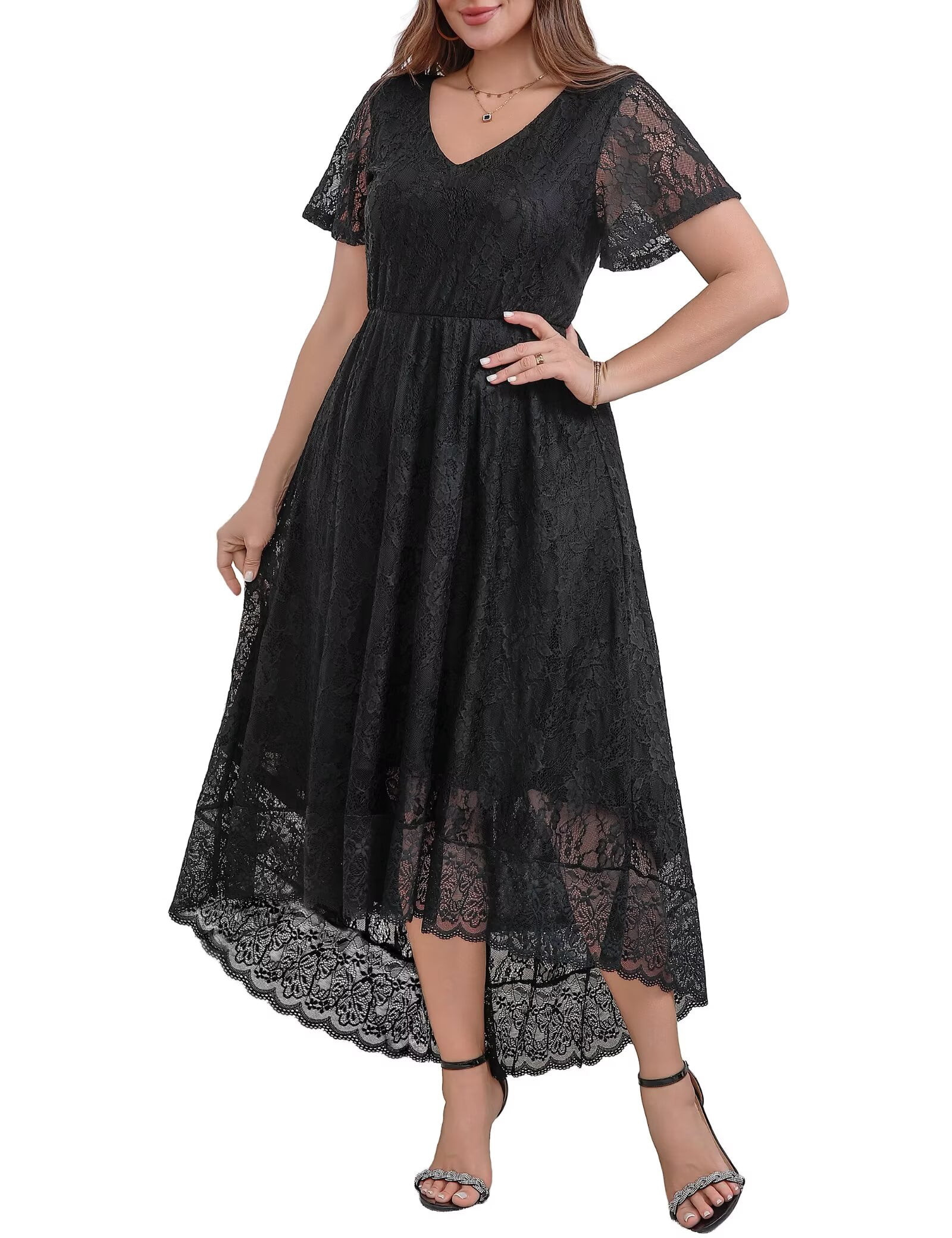 FOLUNSI Plus Size Formal Dresses Lace V neck Flutter Sleeve High Low FOLUNSI Plus Size Formal Dresses Lace V neck Flutter Sleeve High Low