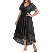 FOLUNSI Plus Size Formal Dresses Lace V neck Flutter Sleeve High Low Wedding Guest Dress 2XL