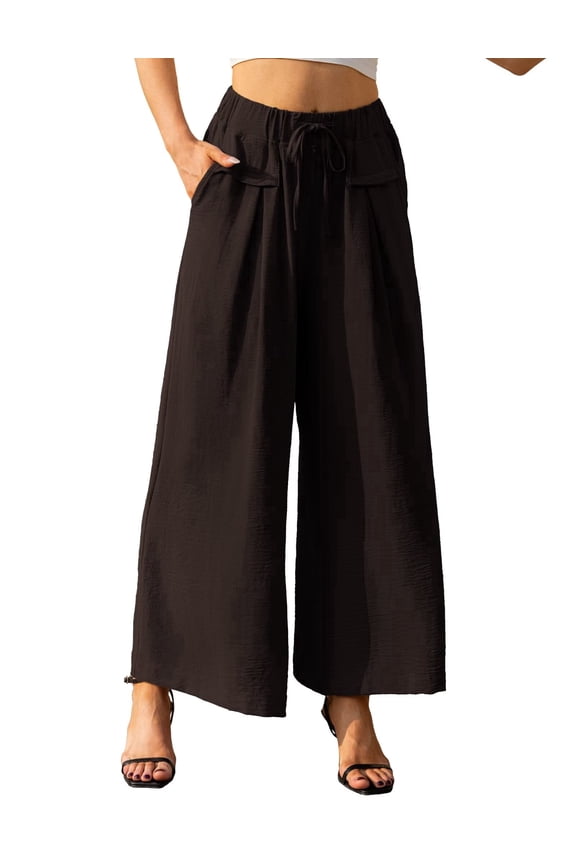 Wide Leg Palazzo Pants for Women Dressy Summer Casual Elastic Waist Lounge Long Trousers with Pocket Dark Cofe-M