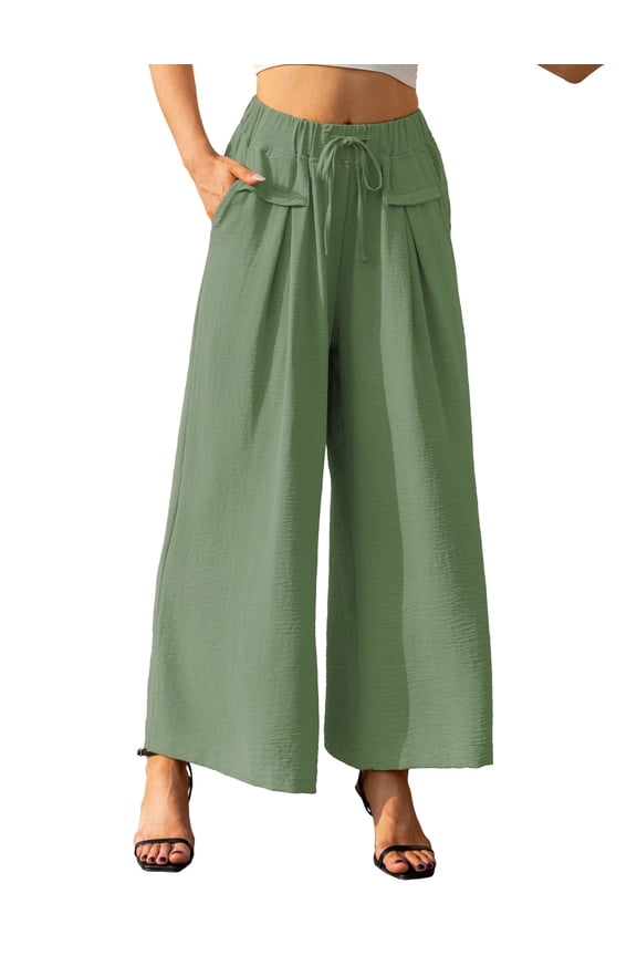 Wide Leg Palazzo Pants for Women Dressy Summer Casual Elastic Waist Lounge Long Trousers with Pocket Celadon Green-S