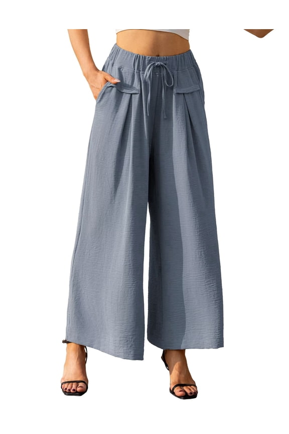 Wide Leg Palazzo Pants for Women Dressy Summer Casual Elastic Waist Lounge Long Trousers with Pocket Grayish Blue-XL