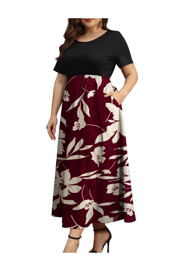 Women Plus Size Dresses Short Sleeve Loose Ribbed Casual Long Maxi Dresses with Pockets L-4X